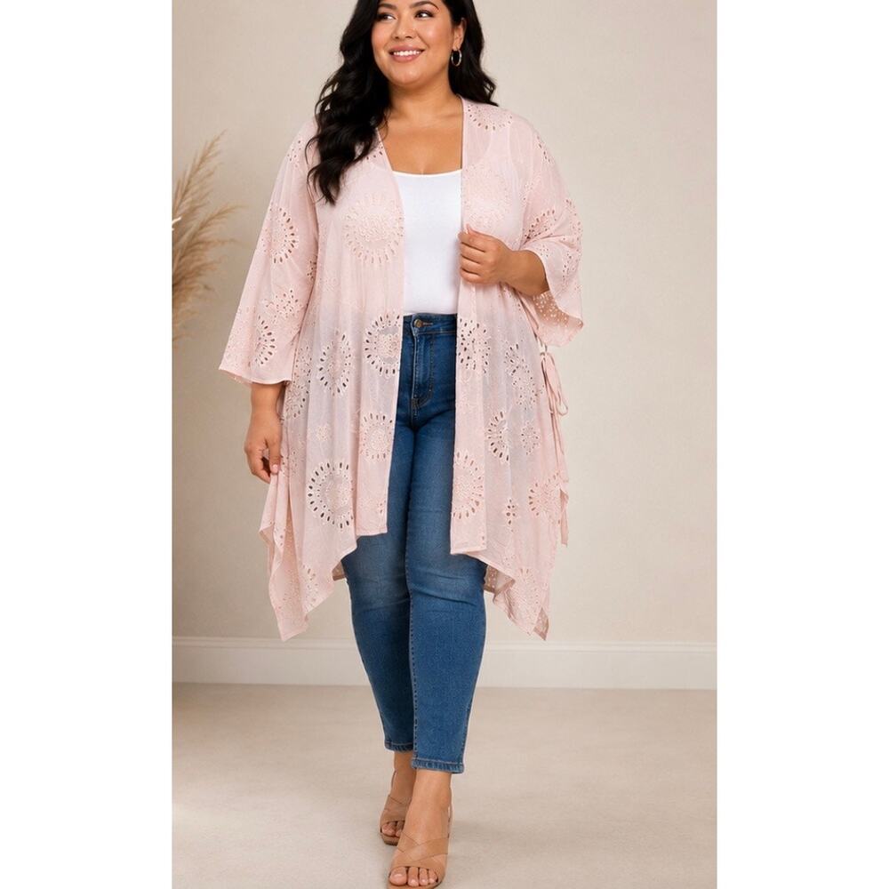 Torrid Blush Pink Embroidered Chiffon Kimono Cardigan O/S Boho Cover Up